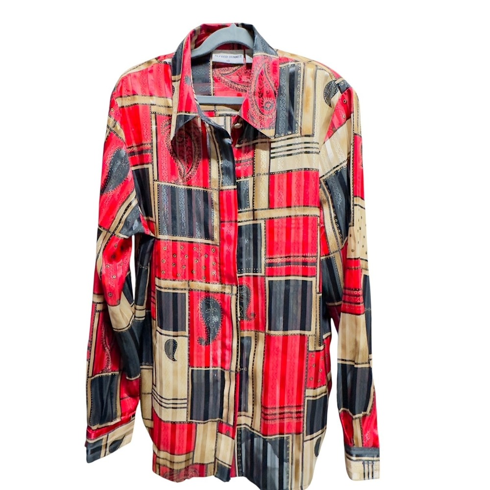 Vintage‎ Alfred Dunner Paisley Blouse Red Gold Black Sheer Button Top Size 10